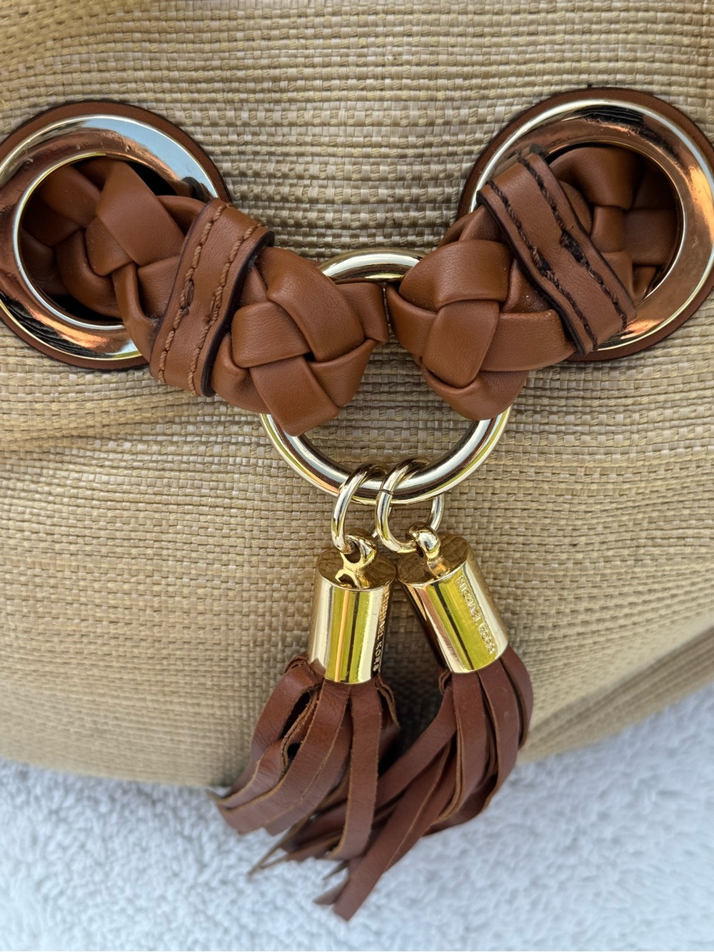 Michael Kors Large Woven Straw Hobo Bag Braided Leather Strap Grommet Tassel Nat - Picture 4 of 16